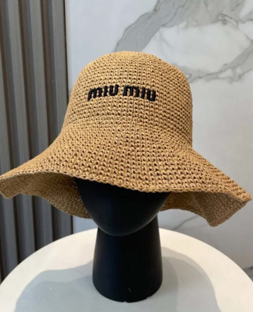 Miu‑Miu Embroidered Logo Straw Bucket Hat Summer Vacation Beach Sun Hat